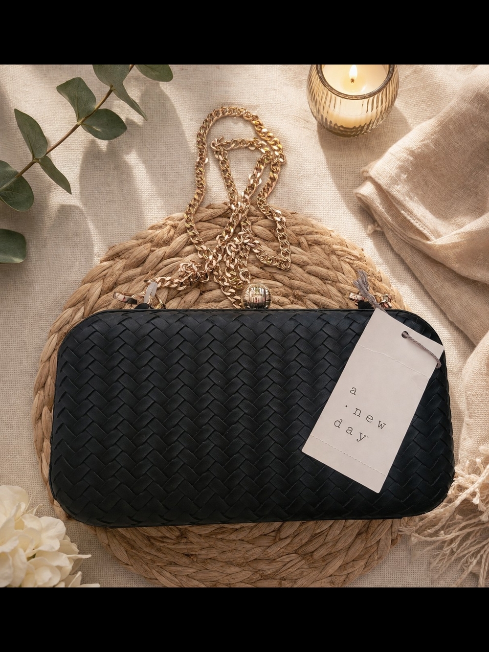 A New Day Black Woven Clutch with Gold Chain